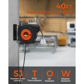 WILAWELS Retractable Extension Cord Reel, 40 FT Heavy Duty Power Cord, 12AWG/3C SJTOW, 3 Grounded Outlets Lighted Triple Tap, 15 Amp Circuit Breaker, UL Listed, Orange B40CR06