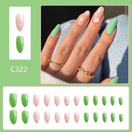 Flower Press on Nails Short Almond Fake Nails Green False Nails with White Floral Designs Acrylic Nails Glossy Full Cover Stick on Nails Reusable Nails for Women Girls 24 Pcs