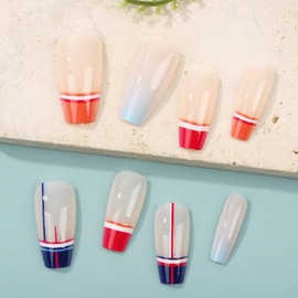 Long Press on Nails French Tip Square Fake Nail Art Colorful Gloss Acrylic Nails Coffin Shaped False Nails Reusable Glue on Nails Full Cover Stick on Nails Cute Manicure Kit for Women 24PCS