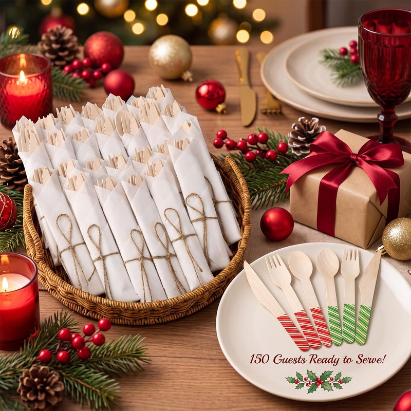 150 Pack Pre Rolled Bamboo Cutlery Napkin Set, Red Green