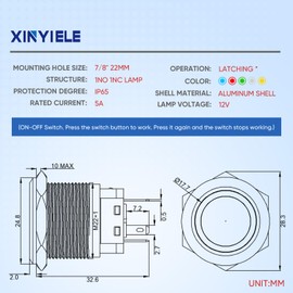 XINYIELE 22MM Latching 12V Push Button Switch On/Off,Waterproof with LED Light Power Metal Button Switch for Marine,0.87" Hole with Wire Socket Plug Self-Locking (Ring Blue LED/Black Shell)