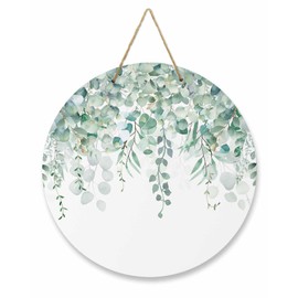 Spring Summer Welcome Sign for Front Door Green Plants Eucalyptus Leaves Wood Door Hanger for Outdoor Outside Porch,10 Inch Spring Round Wooden Wreath Indoor Wall Hanging Decoration