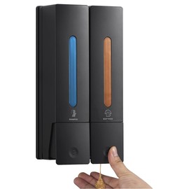 Raddile Shampoo and Conditioner Dispenser Wall Mounted, No Drill Shampoo Dispensers for Shower, Shower Gel Dispenser for Bathroom Hotel (2 Chamber Black)