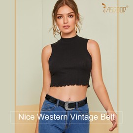 JASGOOD Western Belt for Women Men Cowgirl Cowboy Floral Engraved Tooled Leather Belt with Buckle for Jeans Pants Rodeo,Black