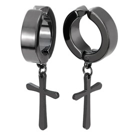 Pair Black Steel Ear Clip Non-piercing Clip on Earrings with Dangling Cross for Men and Women
