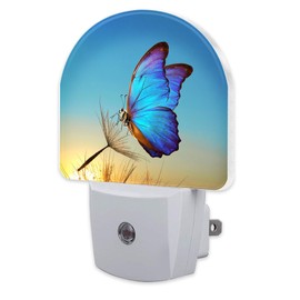 sndheke Blue Butterfly and Dandelion Night Light Plug into Wall, Butterfly in The Sunset Dusk to Dawn Night Light Plug in,0.5w Energy Saving Sleep Friendly Night Light for Kids Boys Girls Home Decor