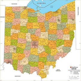 Ohio ZIP Code Map with Counties - Standard - 36" x 36" Laminated