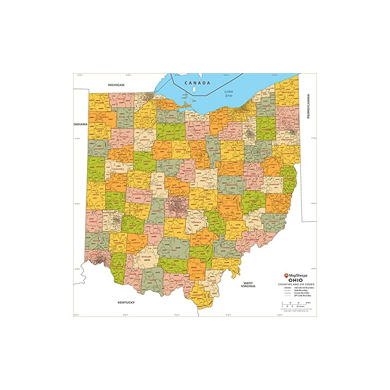 Ohio ZIP Code Map with Counties - Standard - 36"