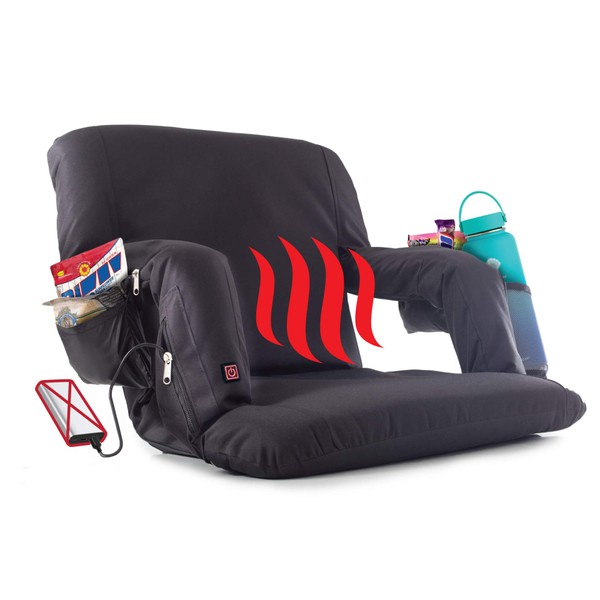 POP Design The Hot Seat, Heated Stadium Bleacher Seat, Reclining Back and Arm Support, Thick Cushion, 4 Storage Pockets Plus Cup Holder, Extra Wide Feature, Battery Pack Not Included