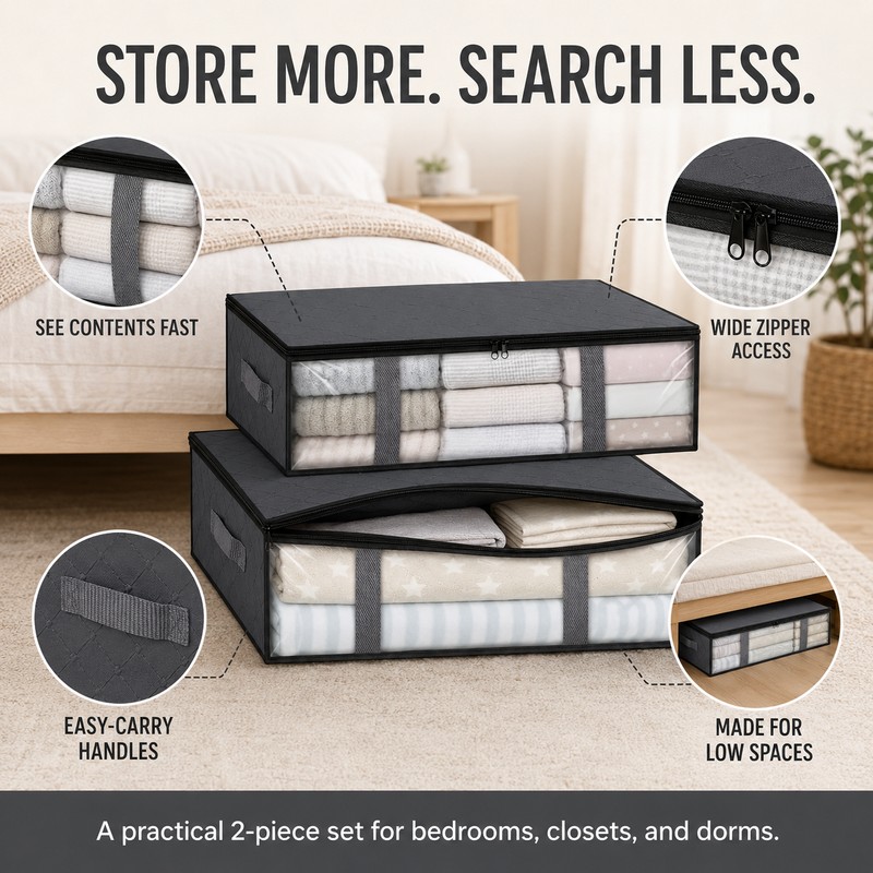 2 Pack Under Bed Storage Bags with Clear Window and