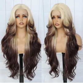 Brown Blonde Ombre Wig HD Front Lace Human Hair Blend Highlights  Long Straight