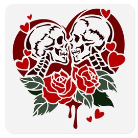 DOODLREAM 1 Piece Skeleton Lovers Rose Craft Art Stencil 30 x 30 cm Reusable Plastic Stencil Skull Pair for Wood Burning Painting Template for Painting Walls Wood