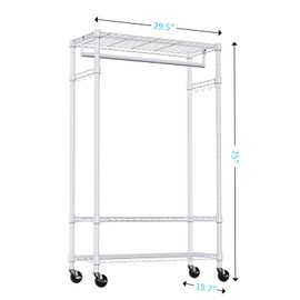 IZEUK Heavy Duty Rolling Garment Rack with 3 Adjustable Wire Shelves, Hanging Rod & Side Hooks - Mobile Clothes Rack with Wheels, 29.5" W x 15.7" D x 75" H, White