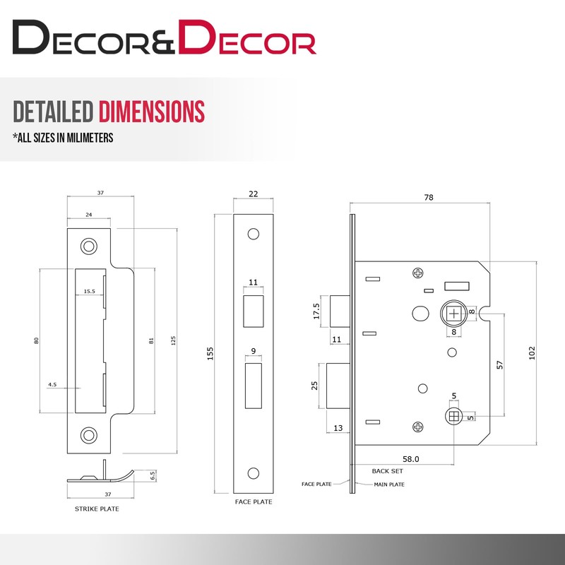 Decoranddecor Bathroom Mortice Lock - 3inch / 76mm - Matt