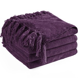LONG CREATE Chenille Throw Blanket for Couch 50"X 60", Soft Cozy Throws with Fringe Tassel for Bed Sofa Chair Cover, Lightweight Knitted Decorative Boho Blankets for Living Room, Dark Purple