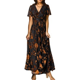 Simplee Women's Fall Wedding Guest Velvet Maxi Dress Burnout Floral Empire Waist V Neck Short Sleeve Semi Formal Long Dress (Brown Floral S)