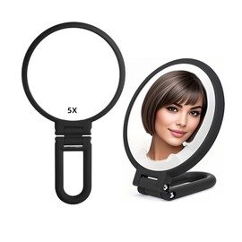 Stianiiie 1X 5X Handheld Mirror with Handle for Travel， Magnifying Mirror, Magnification, Rotation Adjustable Handle, Double Sided Folding, Mirror for Women for Eyes Makeup Travel Shaving (Black)