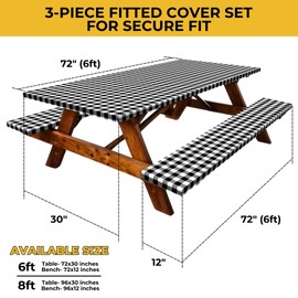 RNOONY 6ft Polyester Picnic Table Cover with Bench Covers Windproof & Waterproof Tablecloth, Perfect for Camping Gifts & RV Essentials, Cool Camping Gadgets with Carrying Bag, 72x30 Inches,4Pcs,Black
