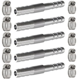 MSAEIQUN Stainless Steel Hose Barb Reducer 5/16" (8mm) to 1/4" (6mm) Reducing Barb Splicer Mender with Stainless Steel Pipe Clamps air Hose Repair kit for Pipe Line/Fuel/Air (Pack of 5)
