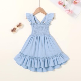 YOUNGER TREE Toddler Dress Girls Summer Ruffle Sleeveless Smocked Dresses Kids Beach Casual Sundress(Blue,4-5 T)