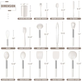E-far 14 Pieces Silicone Cooking Utensils Set, Kitchen Utensils Set with Holder, Spatula, Ladle, Spoon, Tong, Slotted Turner for Nonstick Cookware, 446°F Heat Resistant & Stainless Steel Handle, White