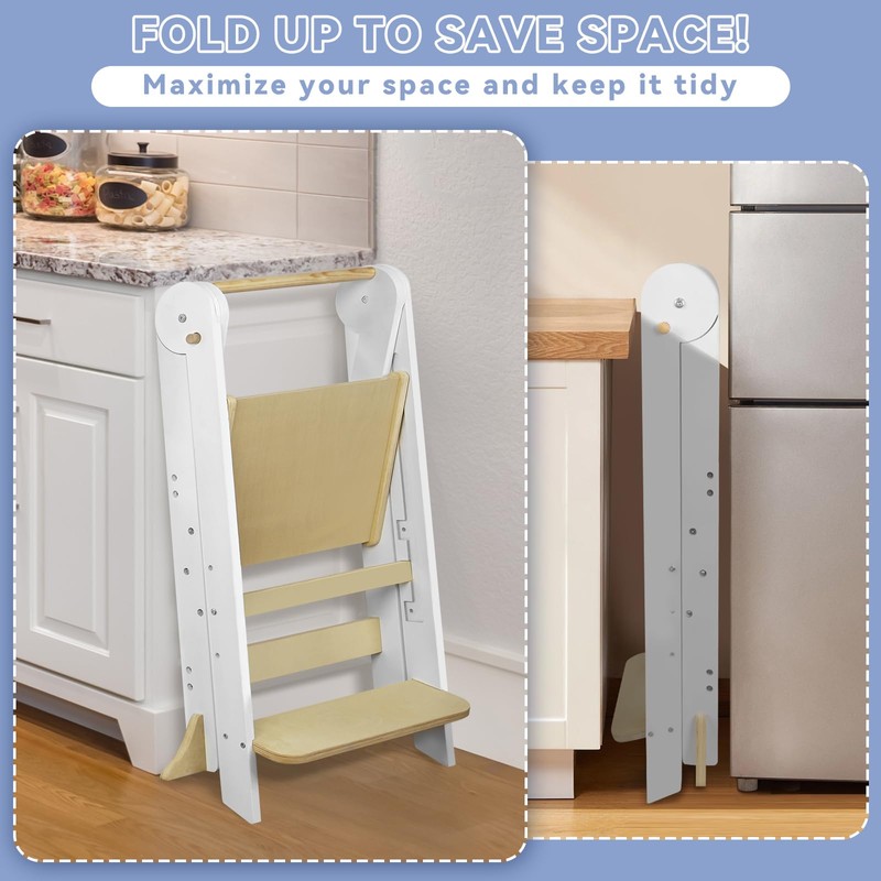 Foldable Toddler Kitchen Tower with Safety Rail, 3-Level Height Adjustable