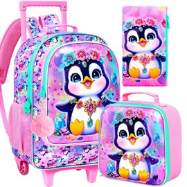 FTJCF 3Pcs Rolling Backpack for Girls, Kids Roller School Backpack with Wheels, Penguin Wheeled Bookbag for Elementary Preschool Kindergarten(Pink)