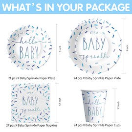 Owelleny Sprinkle Baby Shower Decorations Tableware for Boy, Blue Confetti It's a Baby Sprinkle Party Decorations Supplies, Paper Plate, Napkin, Cup, Disposable Cutlery, Tablecloth, Serves 24