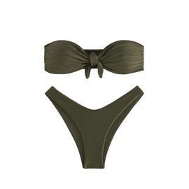 SweatyRocks Women's Bathing Suits Tie Knot Strapless Bikini Set Bandeau Swimsuits Army Green Small
