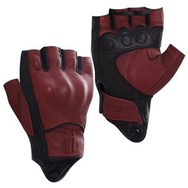 Harssidanzar Mens Motorcycle Gloves Half Finger Goatskin Leather Gloves GM037CA, Oxblood/Black, Size Small