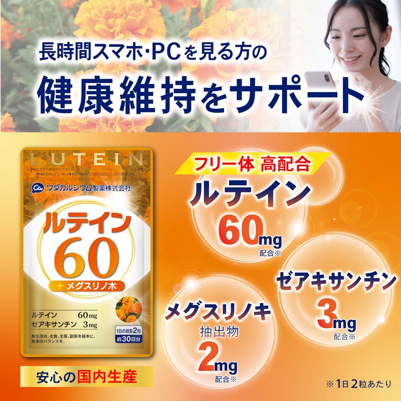 目 サプリ【長時間PC・スマホのアイケアに】ルテイン60 ＋ メグスリノ木 ゼアキサンチン 180粒（約90日分）[国内生産] ワダカルシウム製薬 (3袋)
