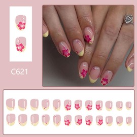 Almond Press on Nails Short CEWEWP French Tip Fake Nails Yellow False Nails with Designs Pink Flower False Nails Full Cover Glossy Glue on Nails Acrylic Nails Stick on Nails for Women Girls 24Pcs