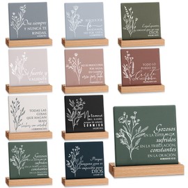 Roowest 10 Pcs Christmas Desk Decor Bible Verse Ceramic Sign Christian Table Plaque Desk Decor with Wood Stand Regalos Cristianos Para Mujer for Women Men Pastor Clergy Appreciation Church(Spanish)