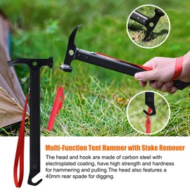 Eurmax USA Hiking Camping Tent Stakes and Hammer Set Lightweight Multi-Function Tent Hammer with Tent Stake Remover,Tent Pegs for Camping, Hiking, Backpacking, Gardening (Red Stakes)