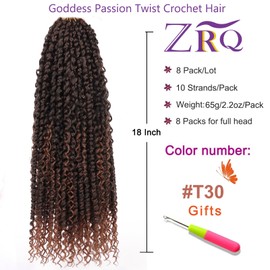 ZRQ Goddess Passion Twist Hair with Curly End 18 Inch Pre Twisted Passion Twist 8 Packs Ombre Brown Pre Looped Long Boho Style Crochet Braids Hair Extensions for Women