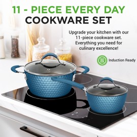 NutriChef 11 Pc Ceramic Cookware Set - Excilon Blue Diamond, Nonstick, Induction Ready, Includes Saucepan, Fry Pans, Dutch Oven, Utensils, Dishwasher Safe - NCCW11BD.7