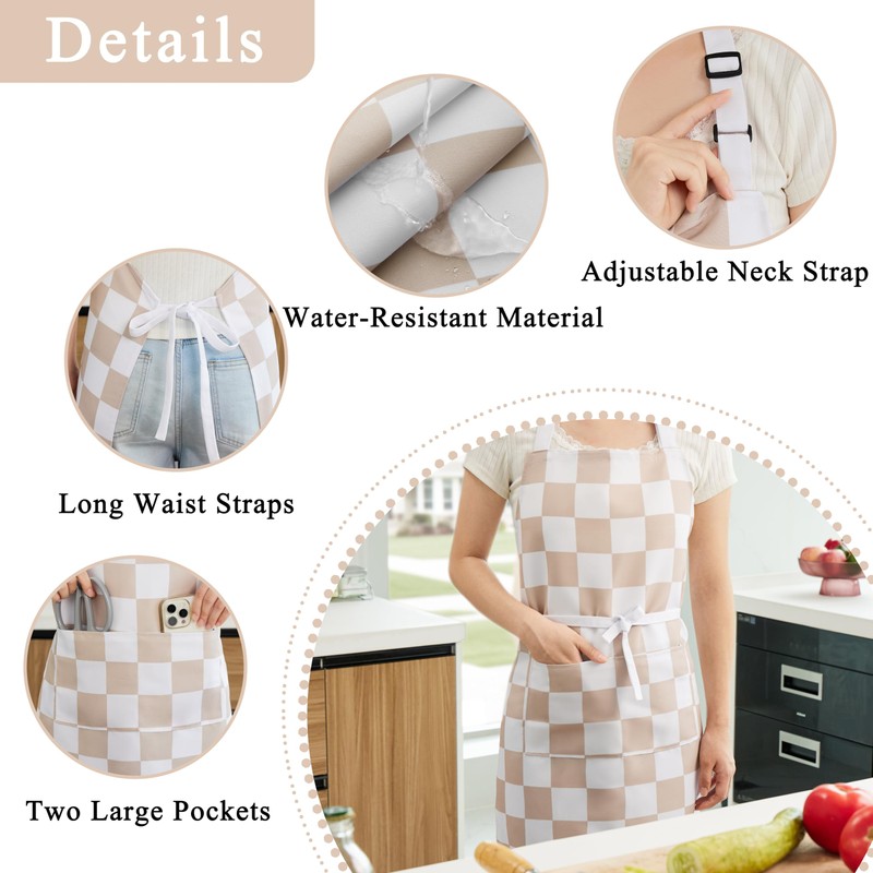 Ohocut 2 Pack Checkered Kitchen Apron, Beige Checkerboard Aprons for