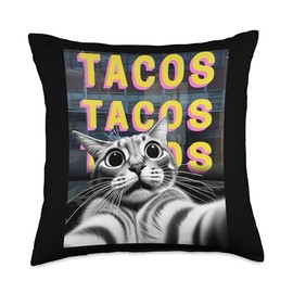Funny Crazy Cat Selfie Cat Taco Selfie Taking Taco Shop Cat Selfie Throw Pillow, 18x18, Multicolor