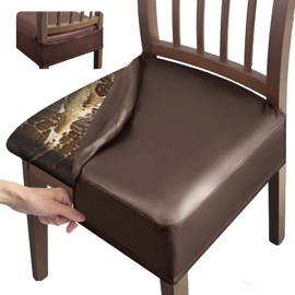 Leather Seat Covers Dining Chairs Waterproof Kitchen Chair Seat Covers set of 6, Wipeable 4-Sided Super Elastic PU Chair Covers Dining Chairs for Dining/Kitchen Room and Dust Resistant(Coffee, 6PCS)