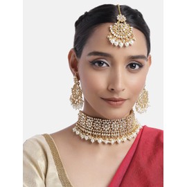 Aheli Faux Pearl Choker Necklace with Earrings Indian Traditional Bollywood Jewelry Set for Women Girls (White)