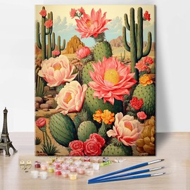 TISHIRON Cactus Painting by Numbers Desert Landscape Painting by Numbers Set for Adults on Canvas DIY Oil Painting Canvas Kit Adults, Paint by Numbers for Adults with 3 Brushes, 40 x 50 cm