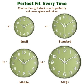 lanktoo Wall Clock, Battery Operated, Modern Minimalist Design for Living Room, Office, Kitchen, Bedroom, and Bathroom - Quiet, Stylish, and Perfect for Any Room – Olive Green, 12 Inch