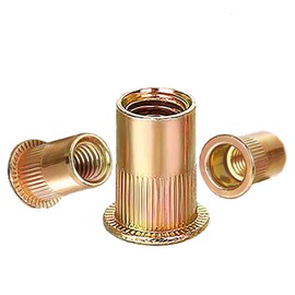 ZAMBASE Rivet Nut 1/4"-20 UNC 120Pcs Yellow Zinc Plated Finish Flat Head Rivnut Threaded Insert Nut Knurled Body (Yellow 1/4"-20)