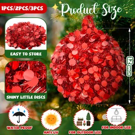 ShinyRelief 3 Pack 12 Inch Large Christmas Ball Hanging Decor Foldable Collapsible Red Tinsel Sequin Glitter Modern Christmas Ornaments Indoor Reusable Yard Decor for Xmas Tree House Wedding Party