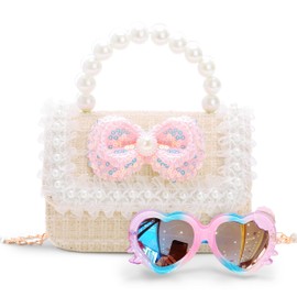 Toddler Purse for Girls, Kids Purse with Pearl Bow, Little Girl Purses with Sunglasses, Gift for 3-12 Year Old Birthday Gift, Princess Handbags, Crossbody Bag for Girl (White)