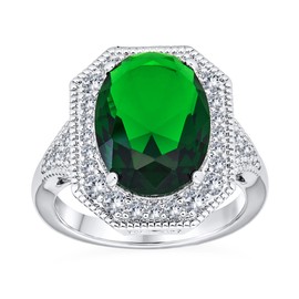 Personalize Fashion Large Oval Solitaire AAA CZ Pave Simulated Green Vintage Art Deco Style Cocktail Statement Ring for Women Silver Plated Customizable
