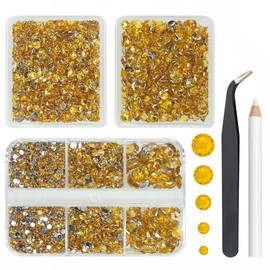 qiipii 3 Boxes 5070PCS Golden Yellow Resin Rhinestones Crystal Golden Resin Stones Crystals Diamonds 2mm 3mm 4mm 5mm 6mm Non-Hotfix Gems Charms for Nails Body Face Eyes Makeup Tumblers Mugs DIY Crafts