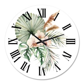 Designart 'Tropical Bouquet With Orchids Palm Leaves' Traditional wall clock - 36 in. high, 36 In. Wide