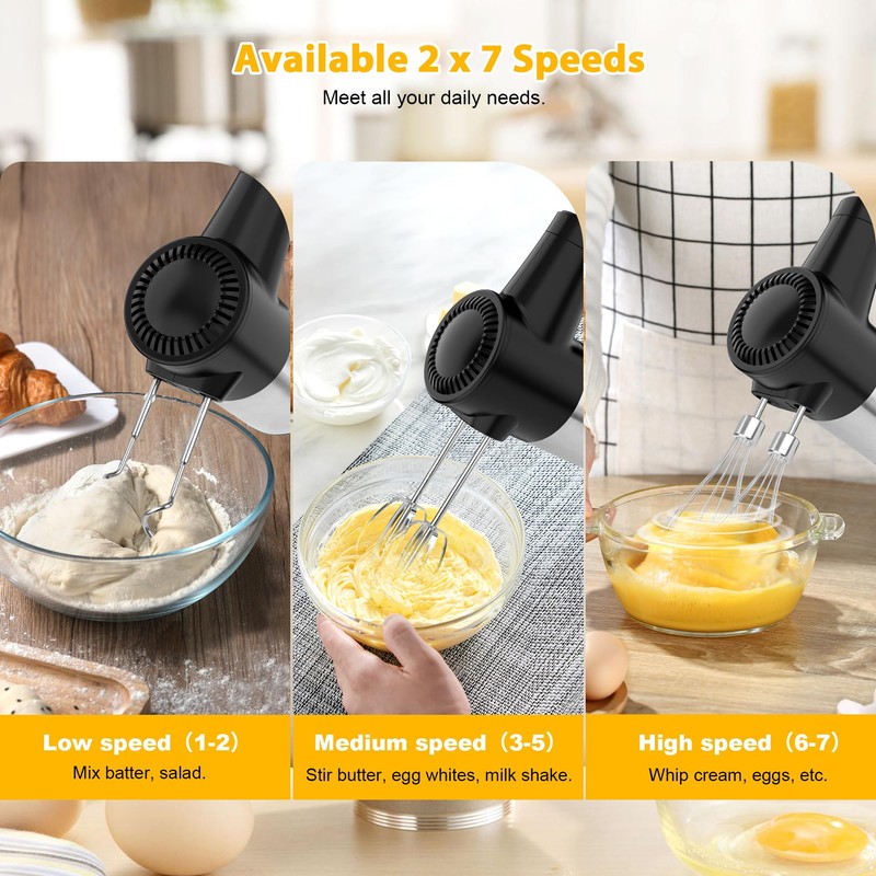 Cordless Hand Mixer, Digital Display 7 Speed Rechargeable Electric Mixer