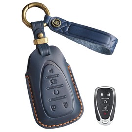 YONUFI Key Fob Cover for Chevy Leather Key Case Keychain for Equinox Malibu Camaro Cruze Blazer Traverse Trax Car Key Holder (Blue, 5 Buttons)